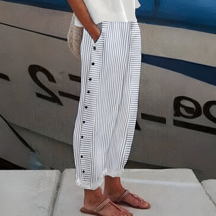 Enya | Dames Gestreepte Casual Broek Met Knoopdetails