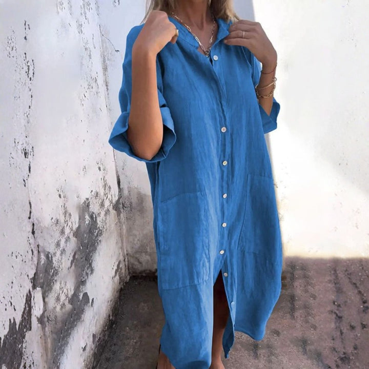 Carlotta | Dames Midi Jurk Met Knoopsluiting Aan De Voorkant En Lange Mouwen