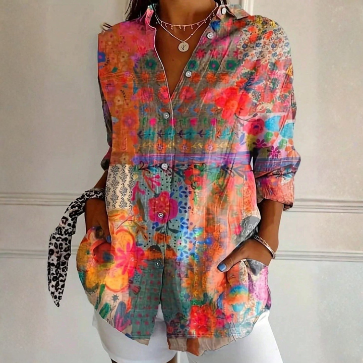 Melanie | Dames Kleurrijke Bloemen Blouse Met Knoopsluiting Aan De Voorkant