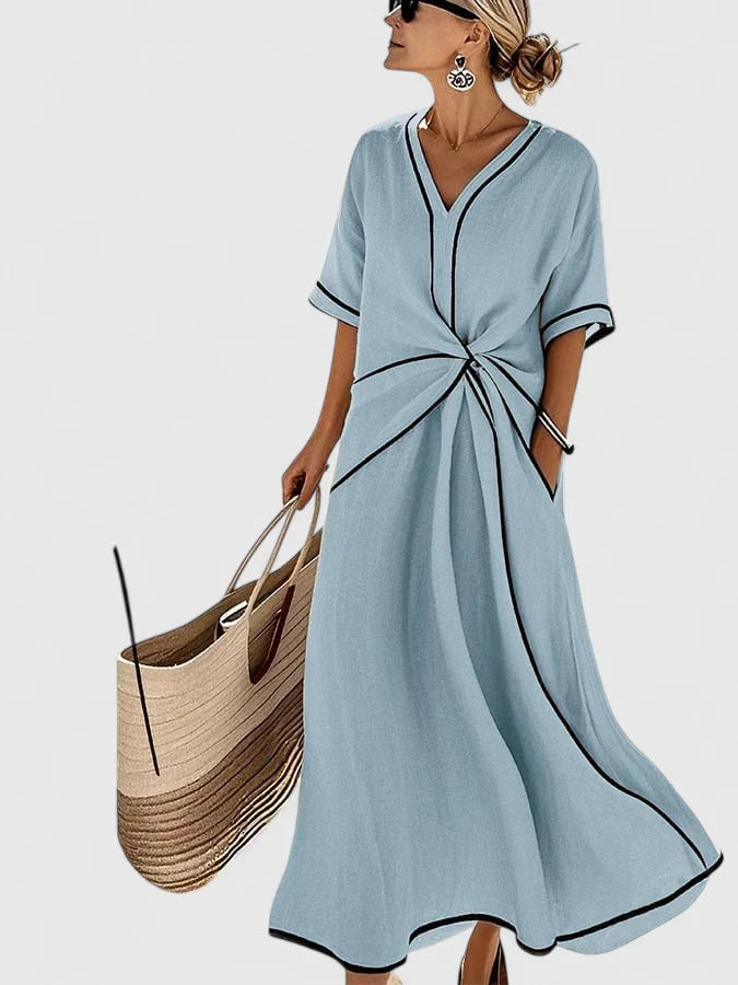 Julia | Dames V-hals Midi Jurk met Strikceintuur