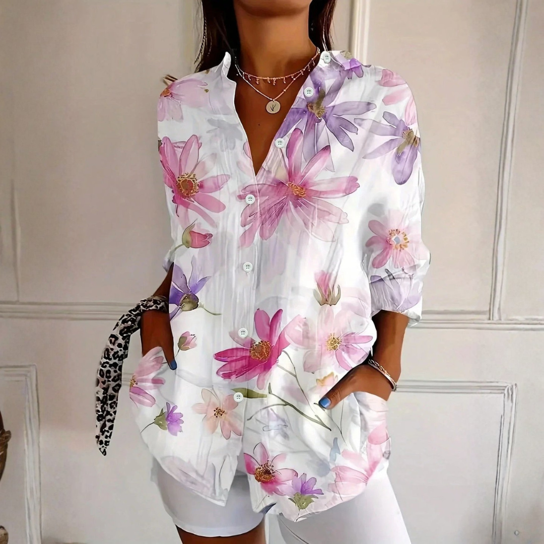 Melanie | Dames Kleurrijke Bloemen Blouse Met Knoopsluiting Aan De Voorkant