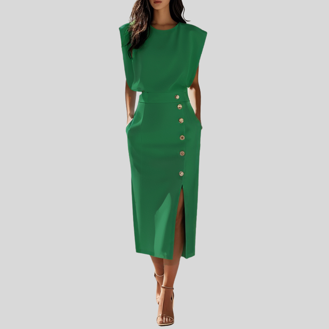 Abigail | Dames Mouwloze Midi Jurk Met Knoopdetail