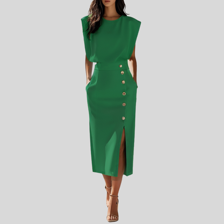 Abigail | Dames Mouwloze Midi Jurk Met Knoopdetail