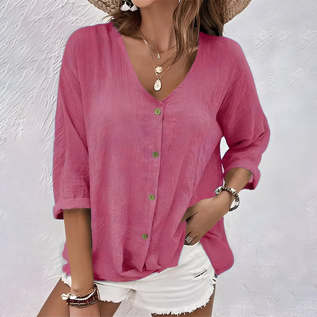 Brigitte | Dames Casual Top Met Knoopsluiting Aan De Voorkant En V-hals