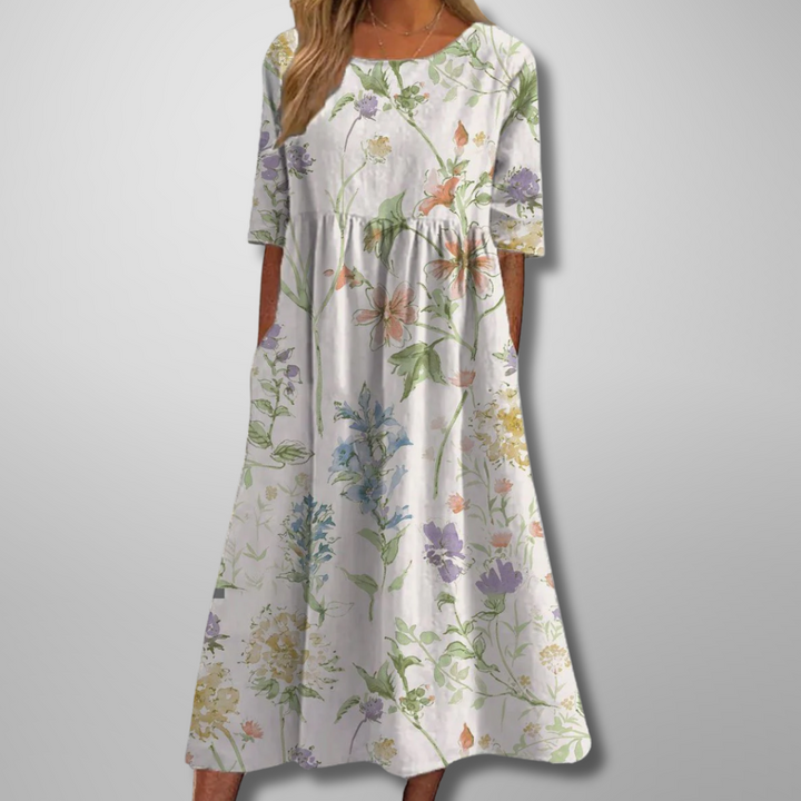 Darlene | Dames Midi-Jurk Met Bloemenprint En Ronde Hals