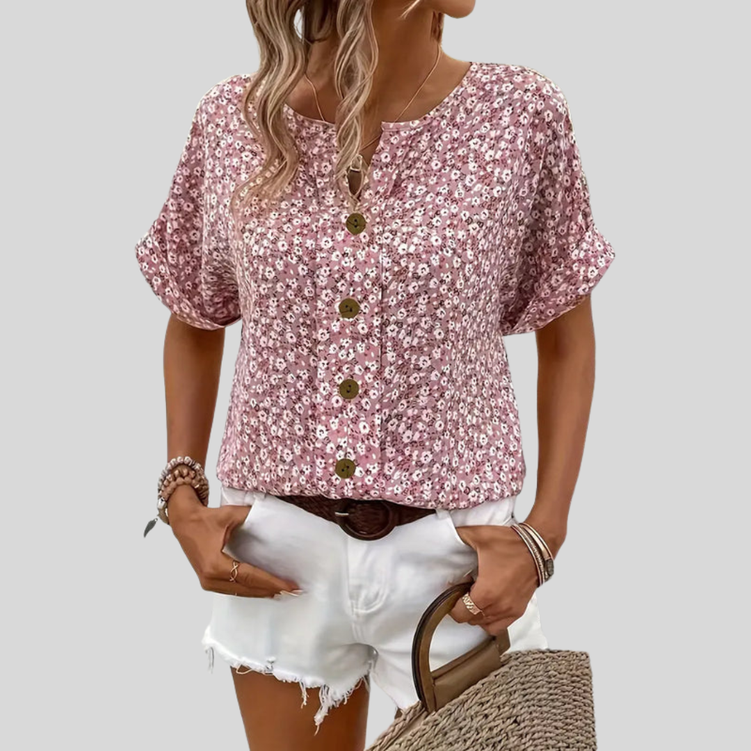 Della | Dames Casual Top Met Bloemenprint En Knoopsluiting Aan De Voorkant