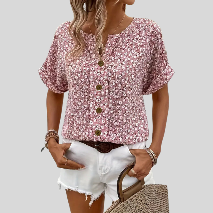 Della | Dames Casual Top Met Bloemenprint En Knoopsluiting Aan De Voorkant
