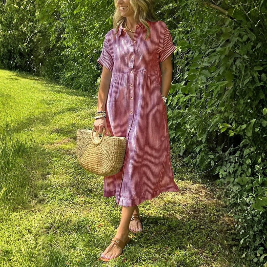 Eileen | Dames Gestreepte Midi Jurk Met Knoopsluiting Aan De Voorkant