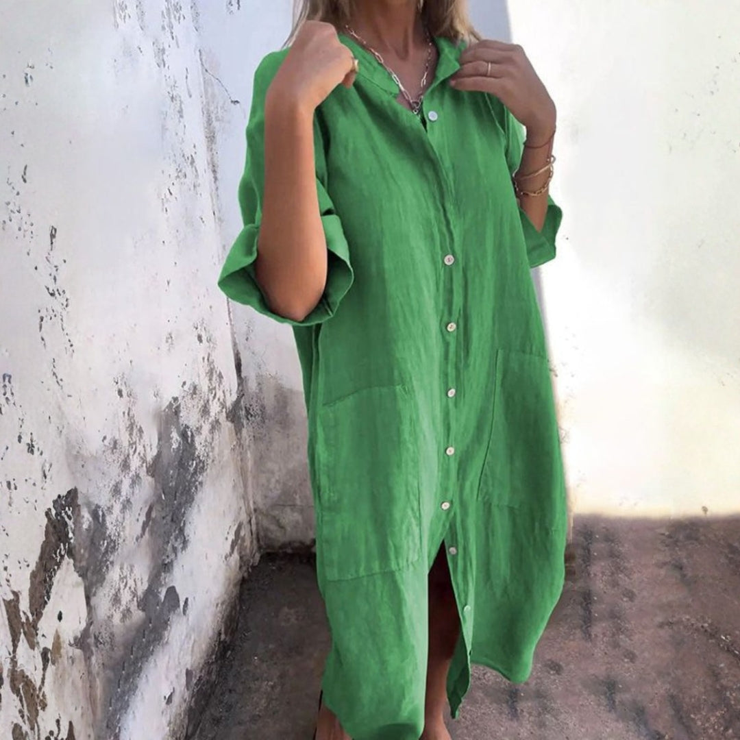 Carlotta | Dames Midi Jurk Met Knoopsluiting Aan De Voorkant En Lange Mouwen