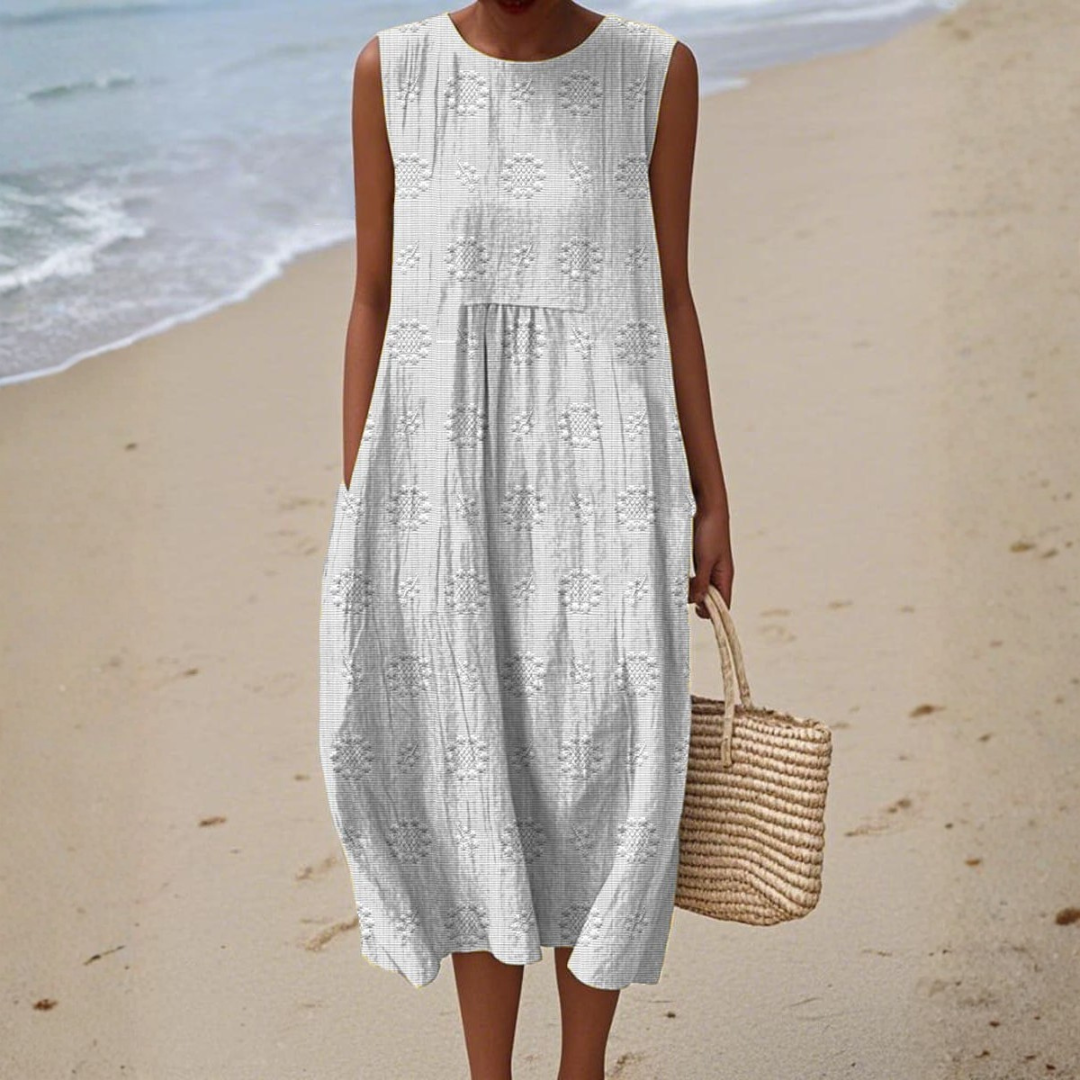 Dorothy | Dames Mouwloze Gestructureerde Midi Jurk Met Zakken