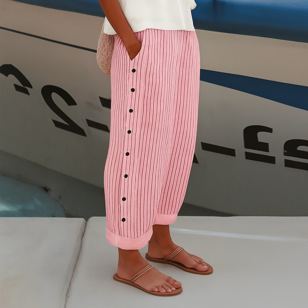 Enya | Dames Gestreepte Casual Broek Met Knoopdetails