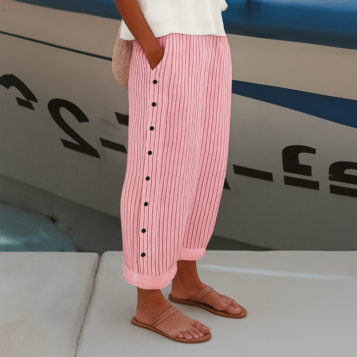 Enya | Dames Gestreepte Casual Broek Met Knoopdetails