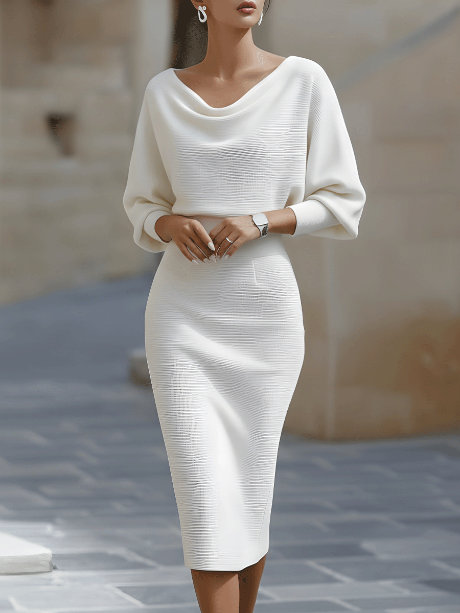 Vivian | Dames Bodycon Midi Jurk Met Boothals En Vleermuismouwen