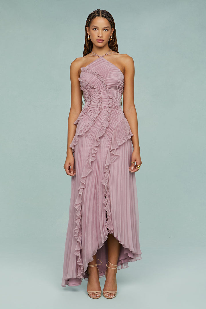 Mary | Dames Plissé Rimpel Halter Midi-jurk