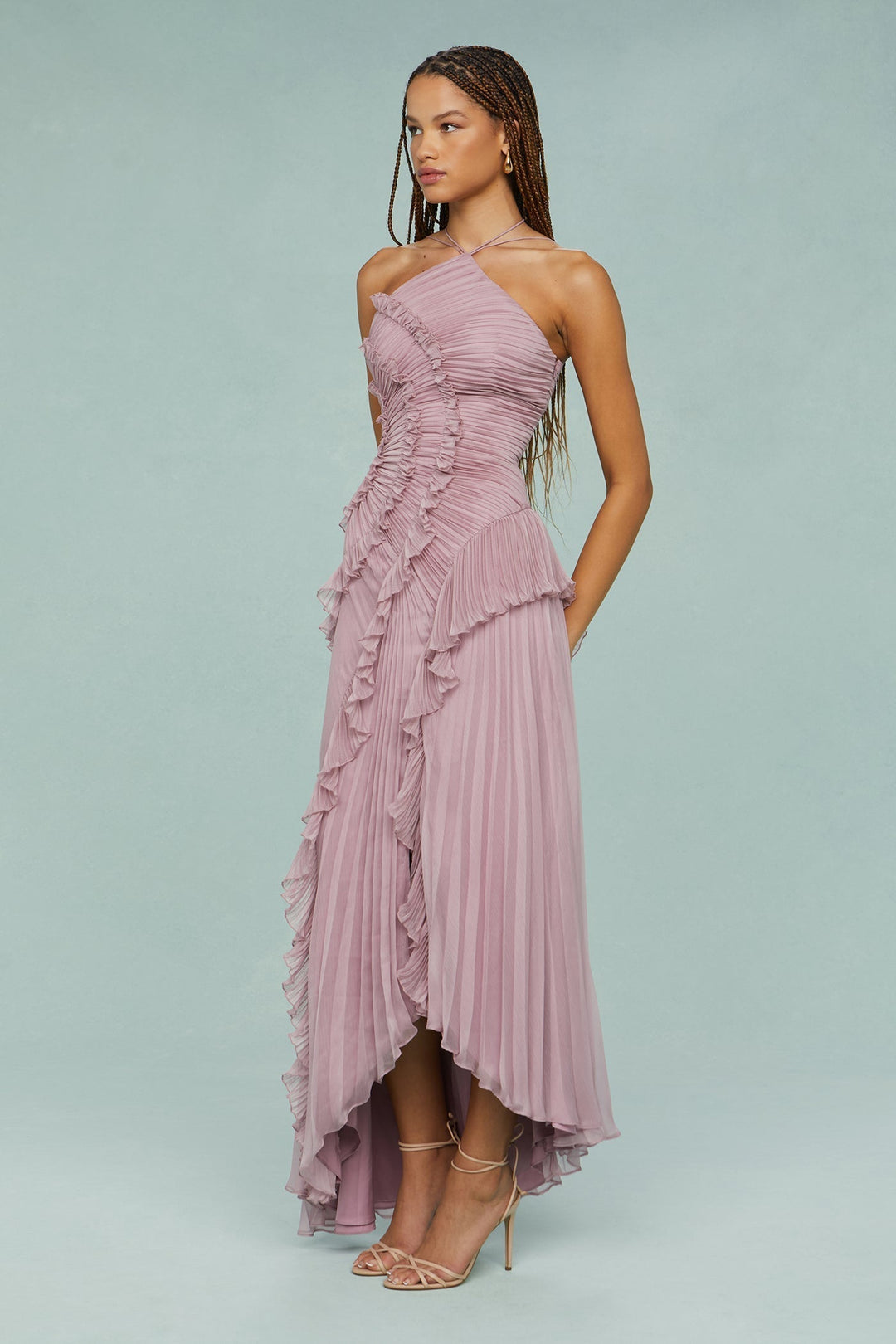 Mary | Dames Plissé Rimpel Halter Midi-jurk