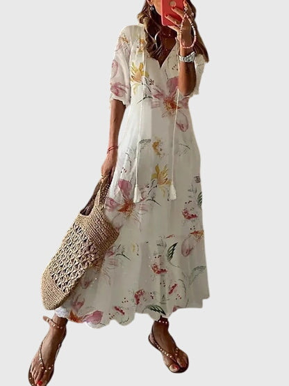 Samantha | Dames maxi-jurk met print V-hals en kwastjes