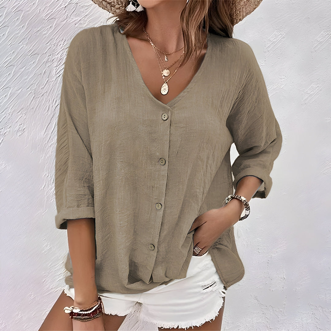 Brigitte | Dames Casual Top Met Knoopsluiting Aan De Voorkant En V-hals