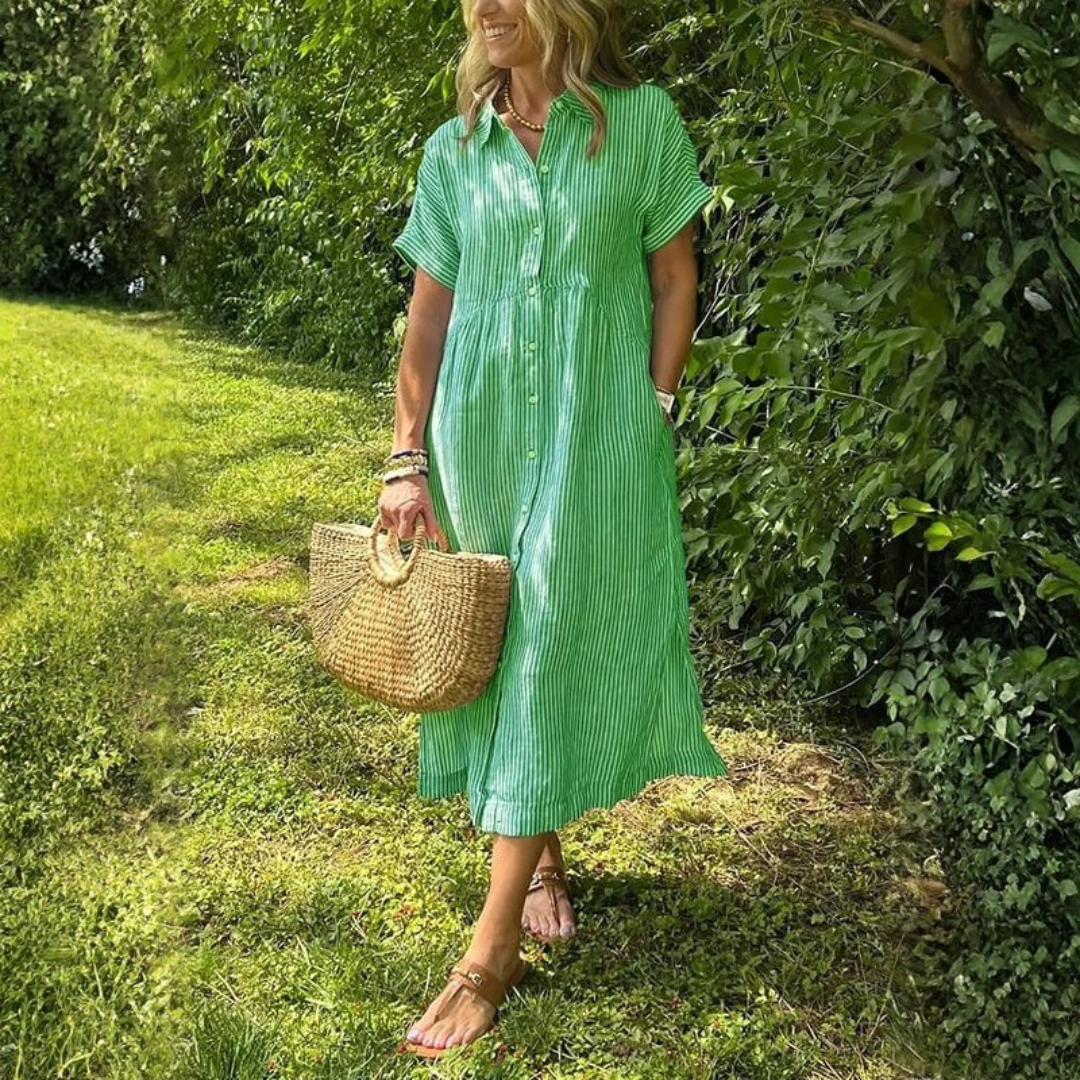 Eileen | Dames Gestreepte Midi Jurk Met Knoopsluiting Aan De Voorkant