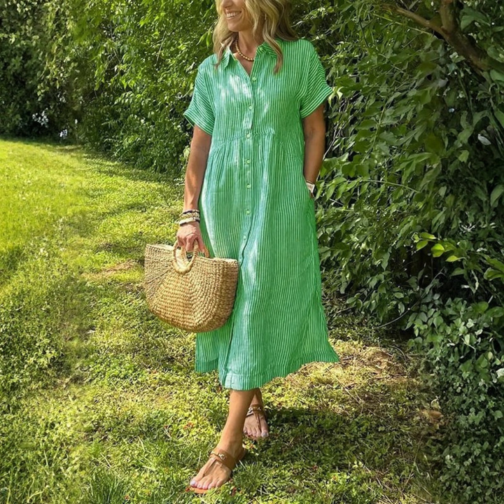Eileen | Dames Gestreepte Midi Jurk Met Knoopsluiting Aan De Voorkant