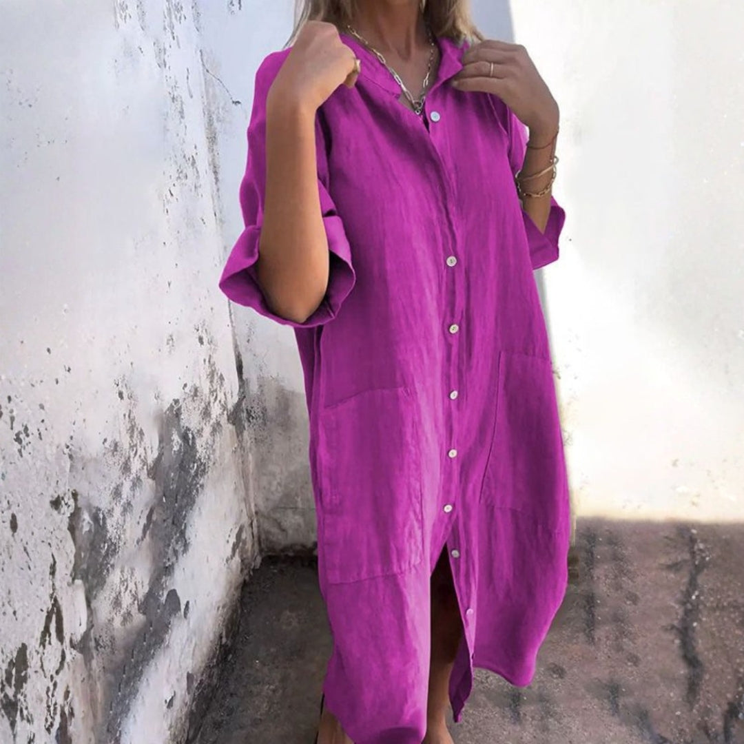 Carlotta | Dames Midi Jurk Met Knoopsluiting Aan De Voorkant En Lange Mouwen