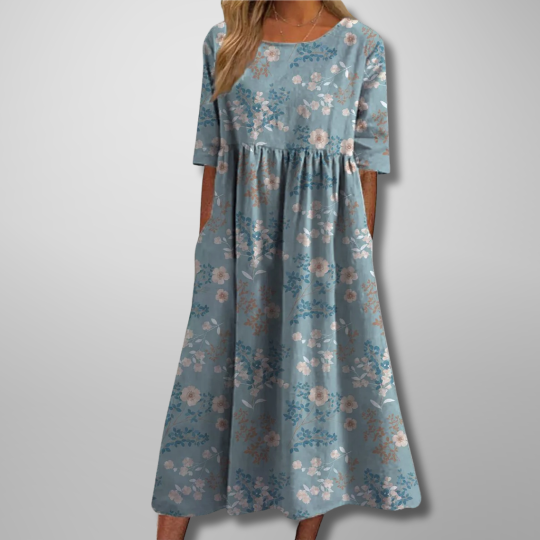 Darlene | Dames Midi-Jurk Met Bloemenprint En Ronde Hals