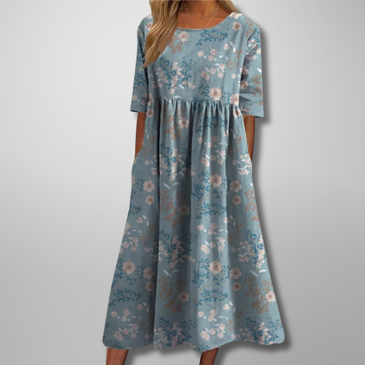 Darlene | Dames Midi-Jurk Met Bloemenprint En Ronde Hals