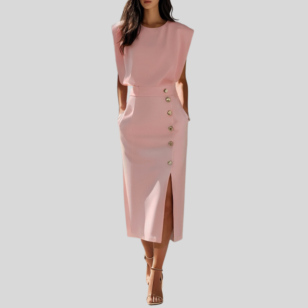 Abigail | Dames Mouwloze Midi Jurk Met Knoopdetail