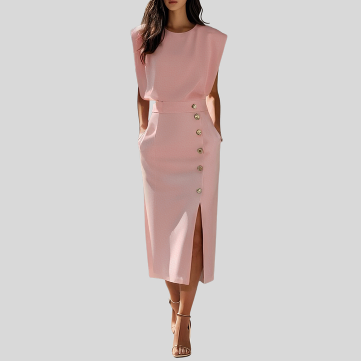 Abigail | Dames Mouwloze Midi Jurk Met Knoopdetail