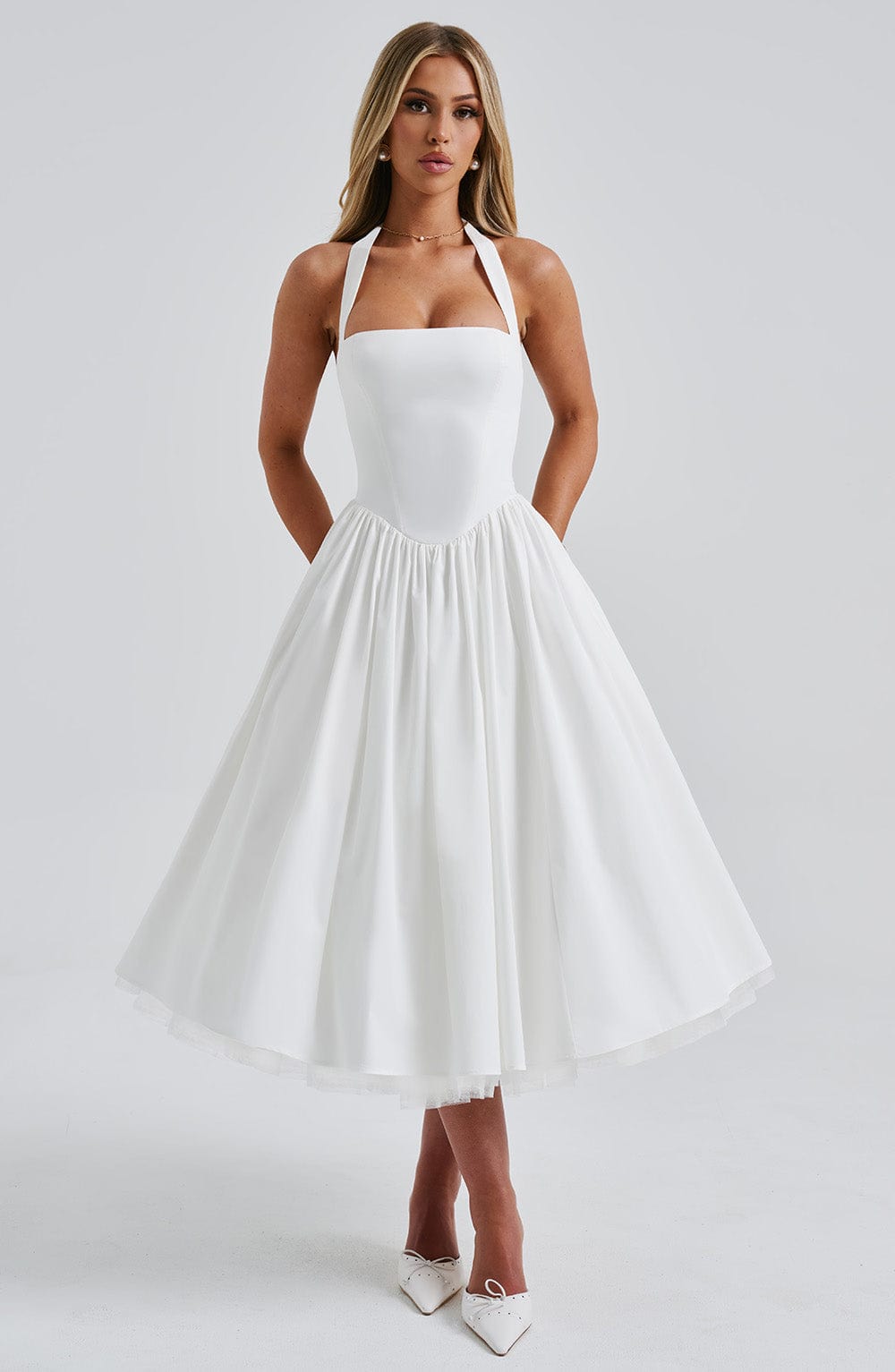 Gwen | Dames Bruiloft Gast Halter Midi Jurk