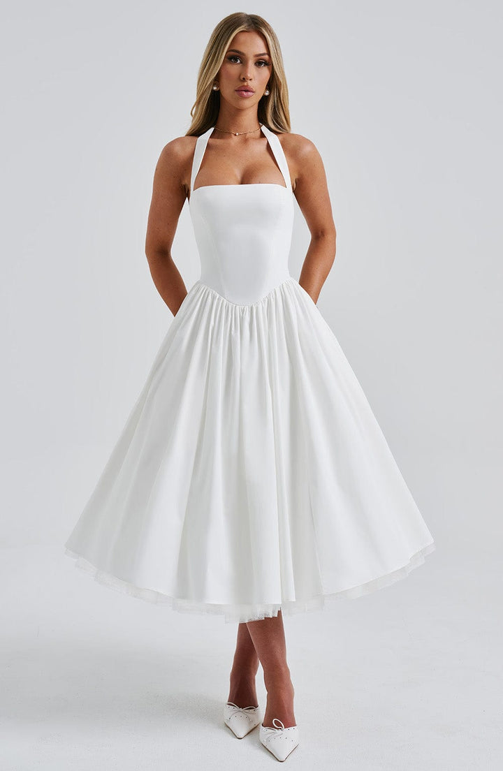 Gwen | Dames Bruiloft Gast Halter Midi Jurk