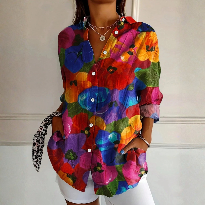 Melanie | Dames Kleurrijke Bloemen Blouse Met Knoopsluiting Aan De Voorkant