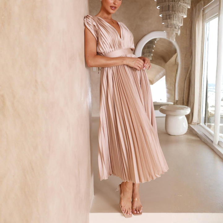 Abigail | Dames Elegante Geplooide Midi Jurk Met Diepe V-hals