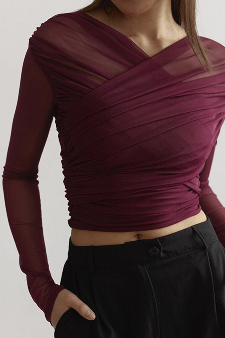 Katie | Women Ruched Mesh Long Sleeve Top