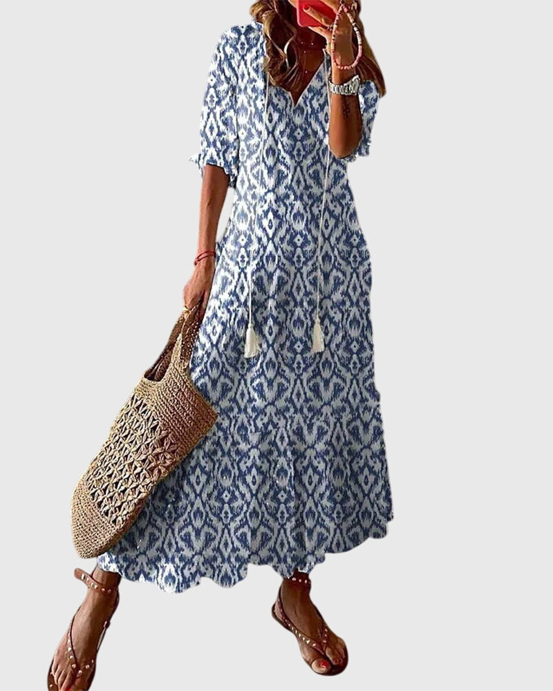 Samantha | Dames maxi-jurk met print V-hals en kwastjes