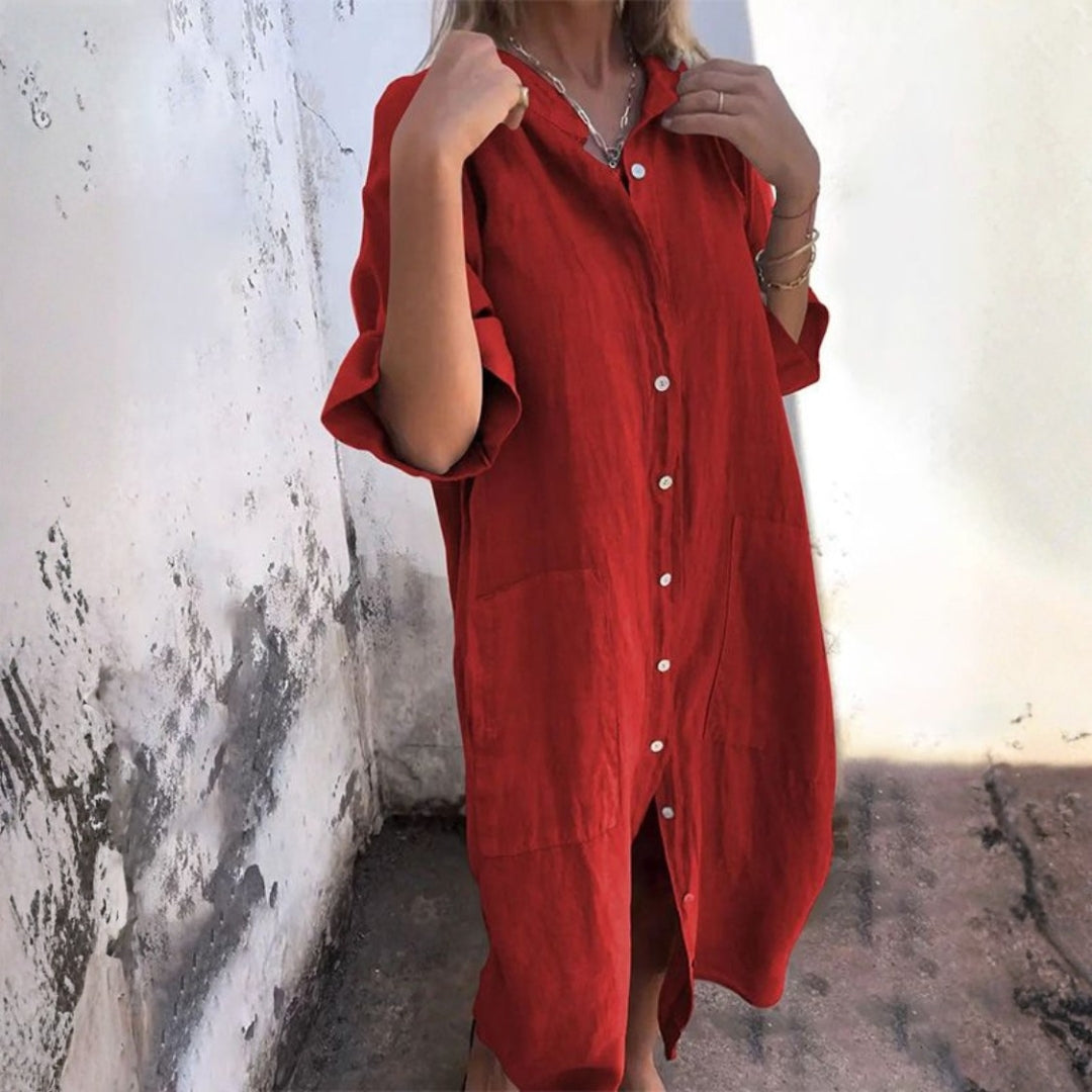 Carlotta | Dames Midi Jurk Met Knoopsluiting Aan De Voorkant En Lange Mouwen