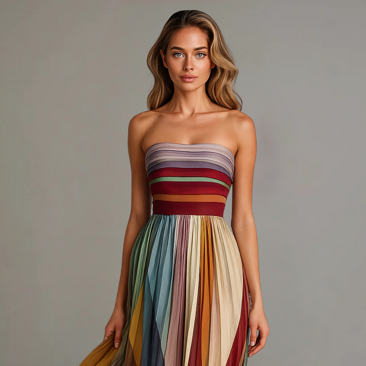 Corinne | Dames Strapless Geplooide Colorblock Maxi Jurk