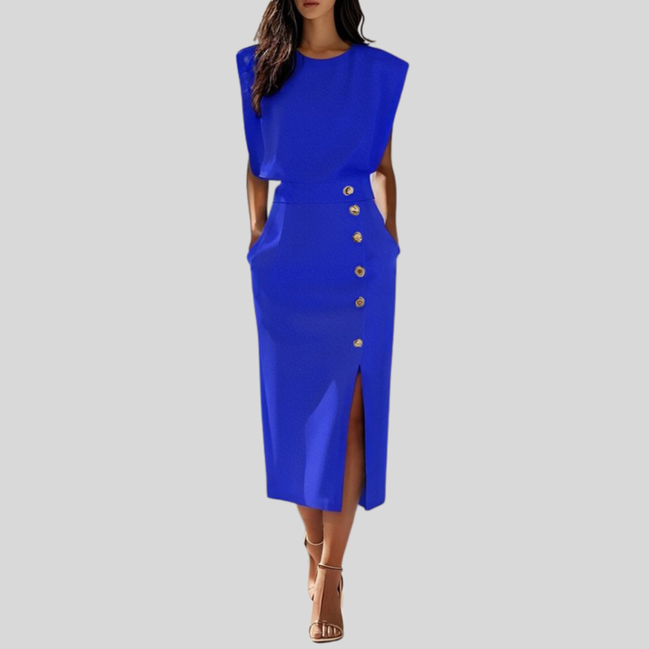 Abigail | Dames Mouwloze Midi Jurk Met Knoopdetail