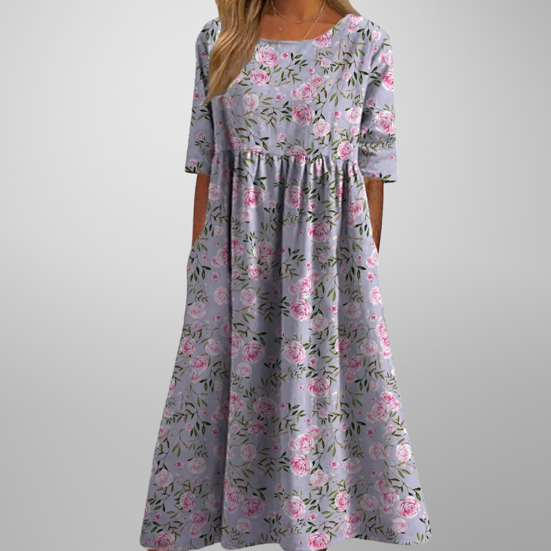 Darlene | Dames Midi-Jurk Met Bloemenprint En Ronde Hals