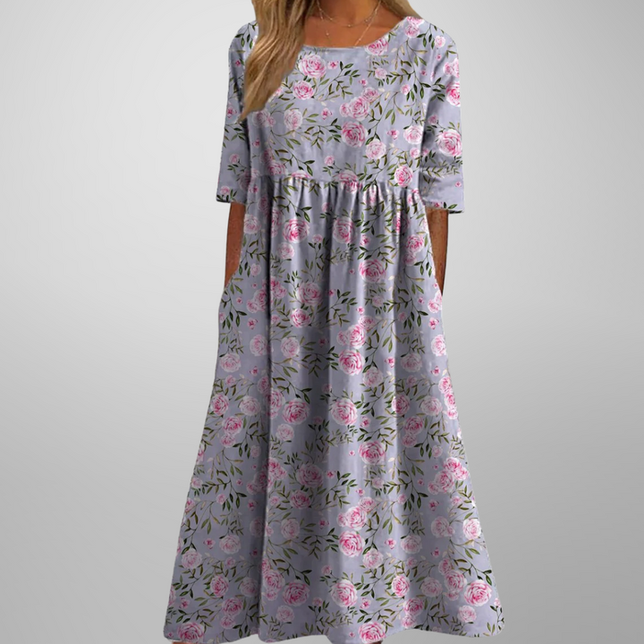 Darlene | Dames Midi-Jurk Met Bloemenprint En Ronde Hals