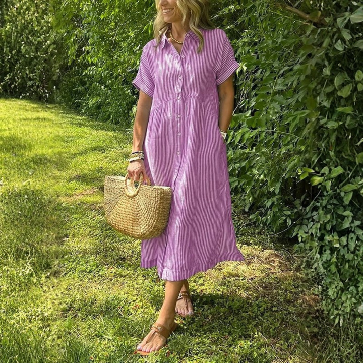 Eileen | Dames Gestreepte Midi Jurk Met Knoopsluiting Aan De Voorkant