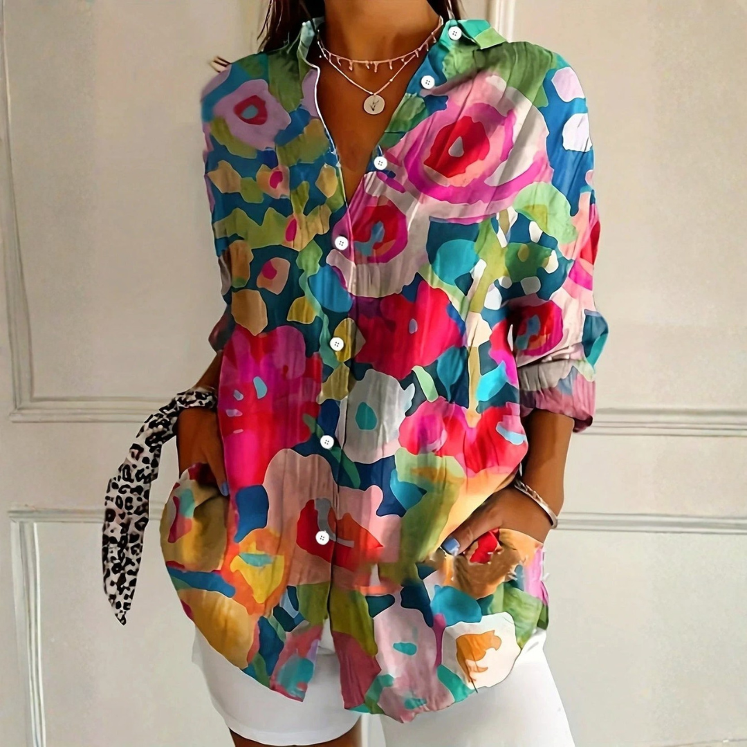 Melanie | Dames Kleurrijke Bloemen Blouse Met Knoopsluiting Aan De Voorkant