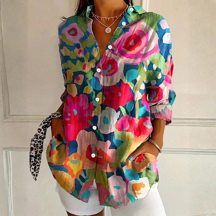 Melanie | Dames Kleurrijke Bloemen Blouse Met Knoopsluiting Aan De Voorkant