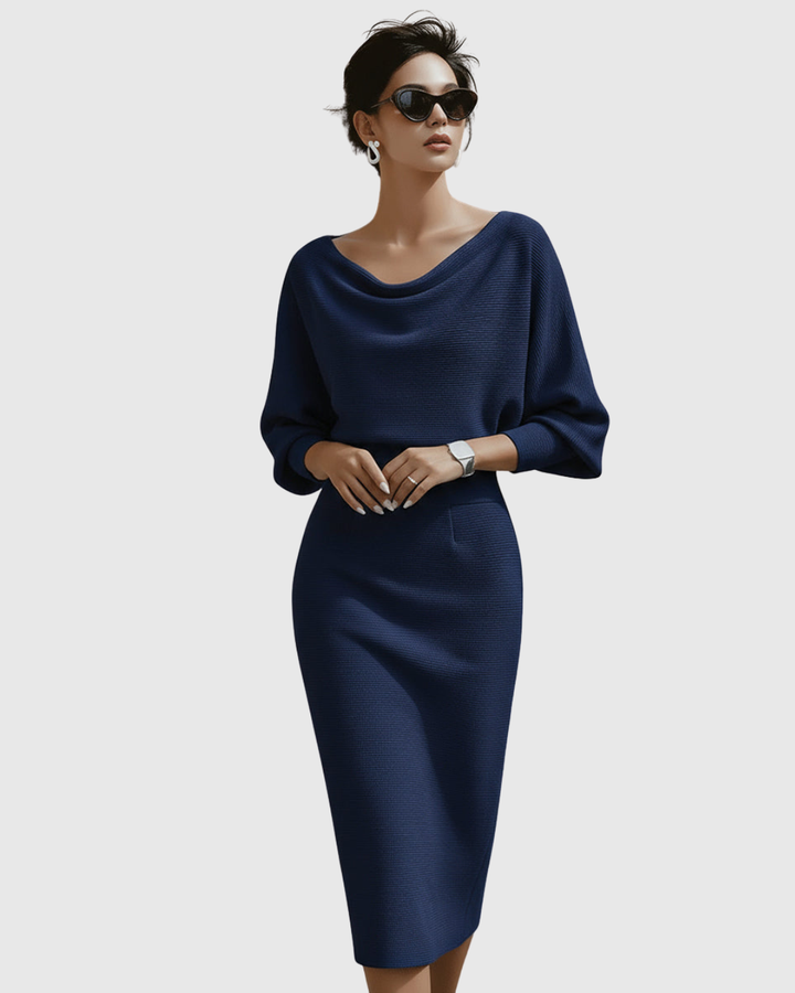 Harper | Dames Elegante Gedrapeerde Gebreide Midi Jurk