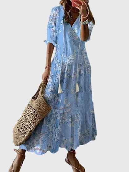 Samantha | Dames maxi-jurk met print V-hals en kwastjes