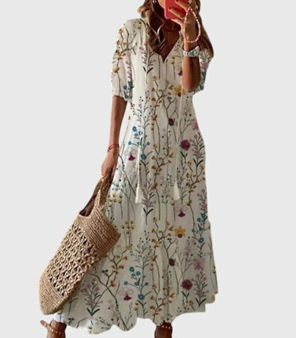 Samantha | Dames maxi-jurk met print V-hals en kwastjes