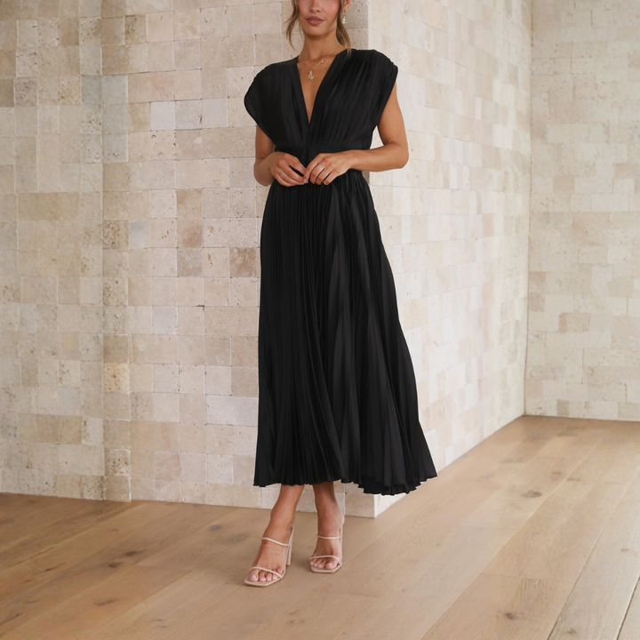 Abigail | Dames Elegante Geplooide Midi Jurk Met Diepe V-hals