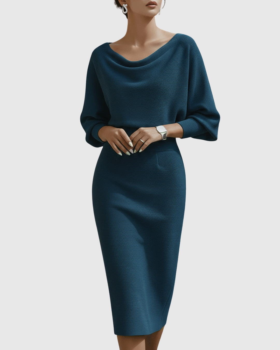 Harper | Dames Elegante Gedrapeerde Gebreide Midi Jurk