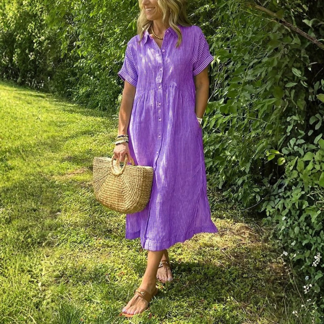 Eileen | Dames Gestreepte Midi Jurk Met Knoopsluiting Aan De Voorkant