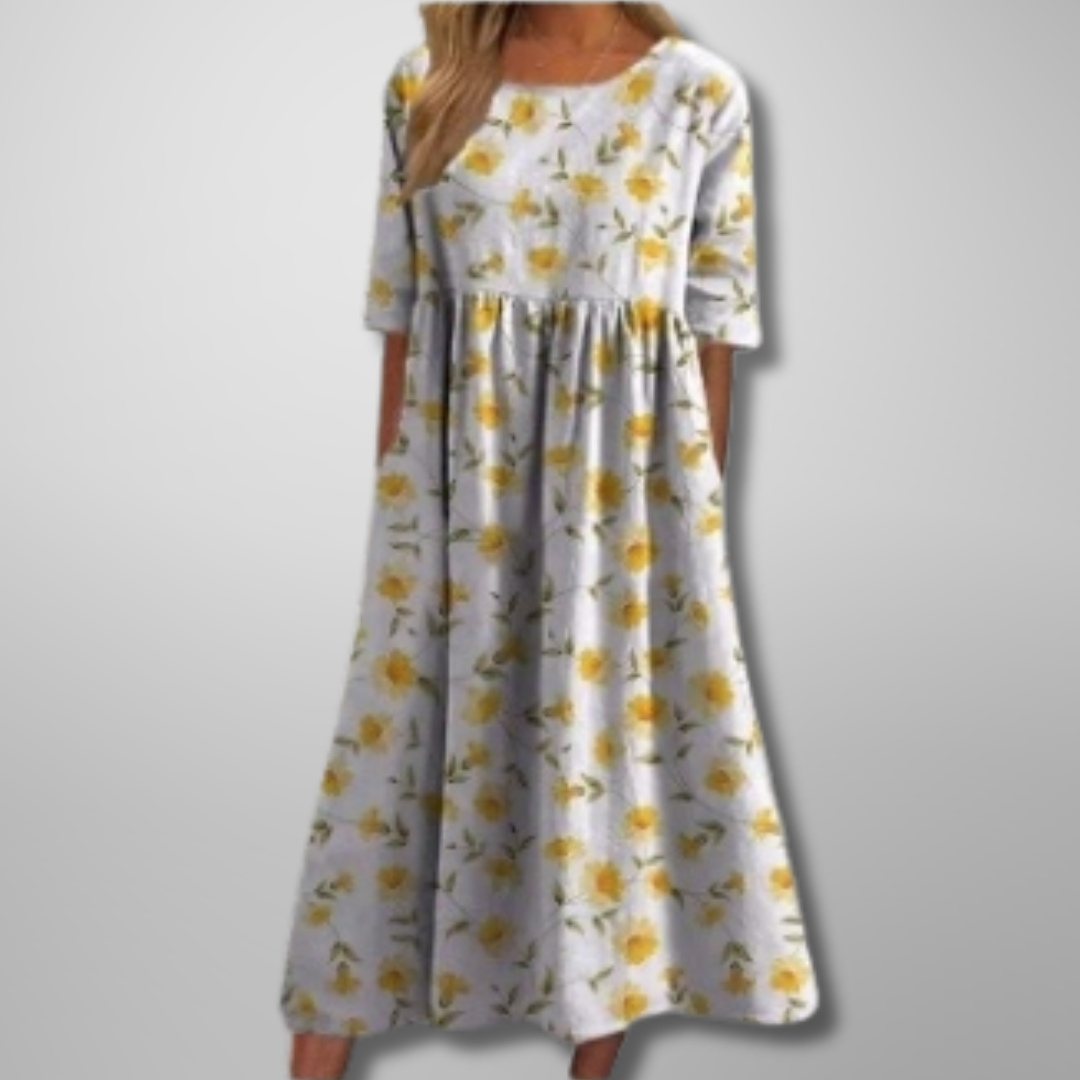 Darlene | Dames Midi-Jurk Met Bloemenprint En Ronde Hals
