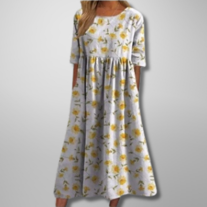 Darlene | Dames Midi-Jurk Met Bloemenprint En Ronde Hals